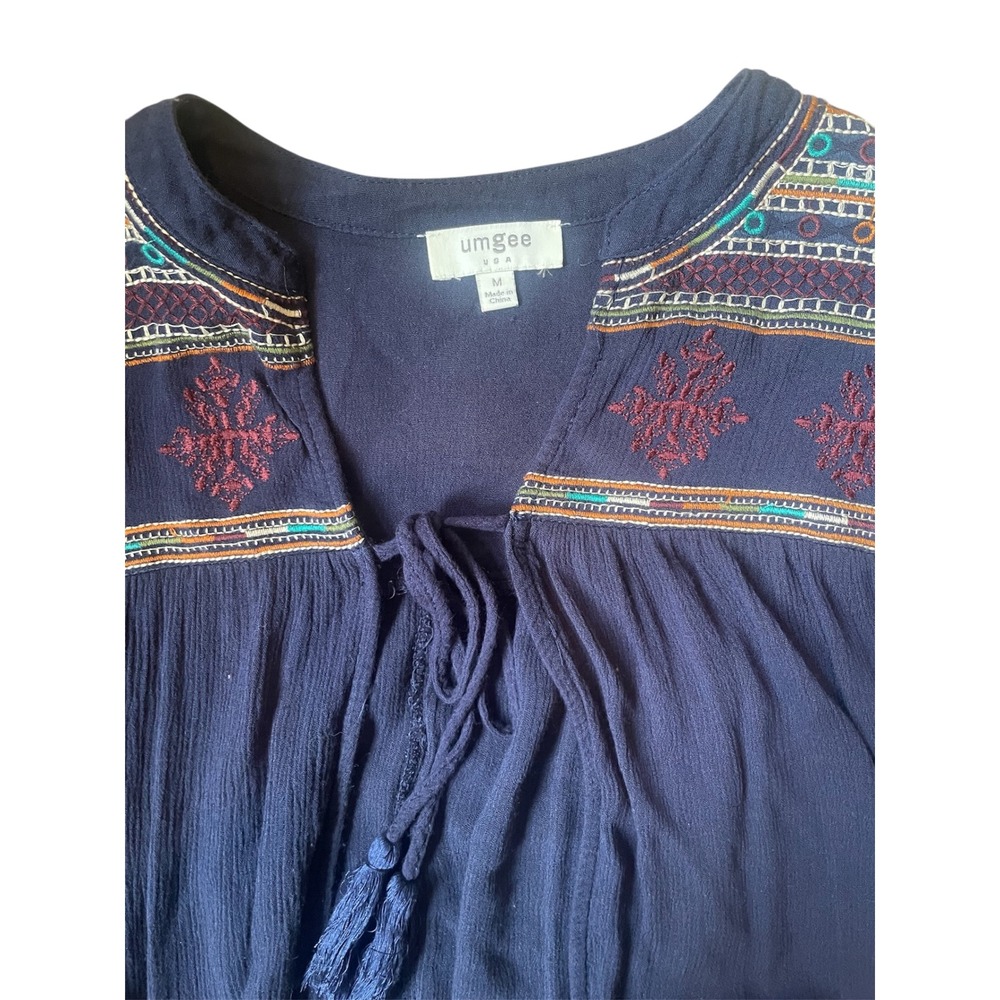 Umgee Embroidered Kimono Open Front Tunic Top Bohemian Navy Blue M - Picture 3 of 6